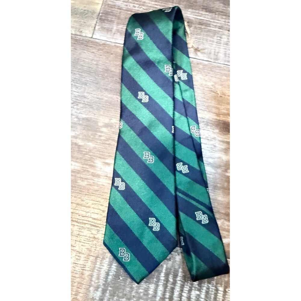 Brooks Brothers Green Navy Striped Silk Tie BB Logo Preppy Ivy